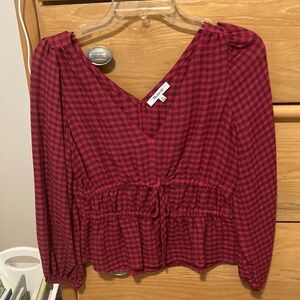 Madewell Red and Black Puff Sleeve Tie Front Blouse